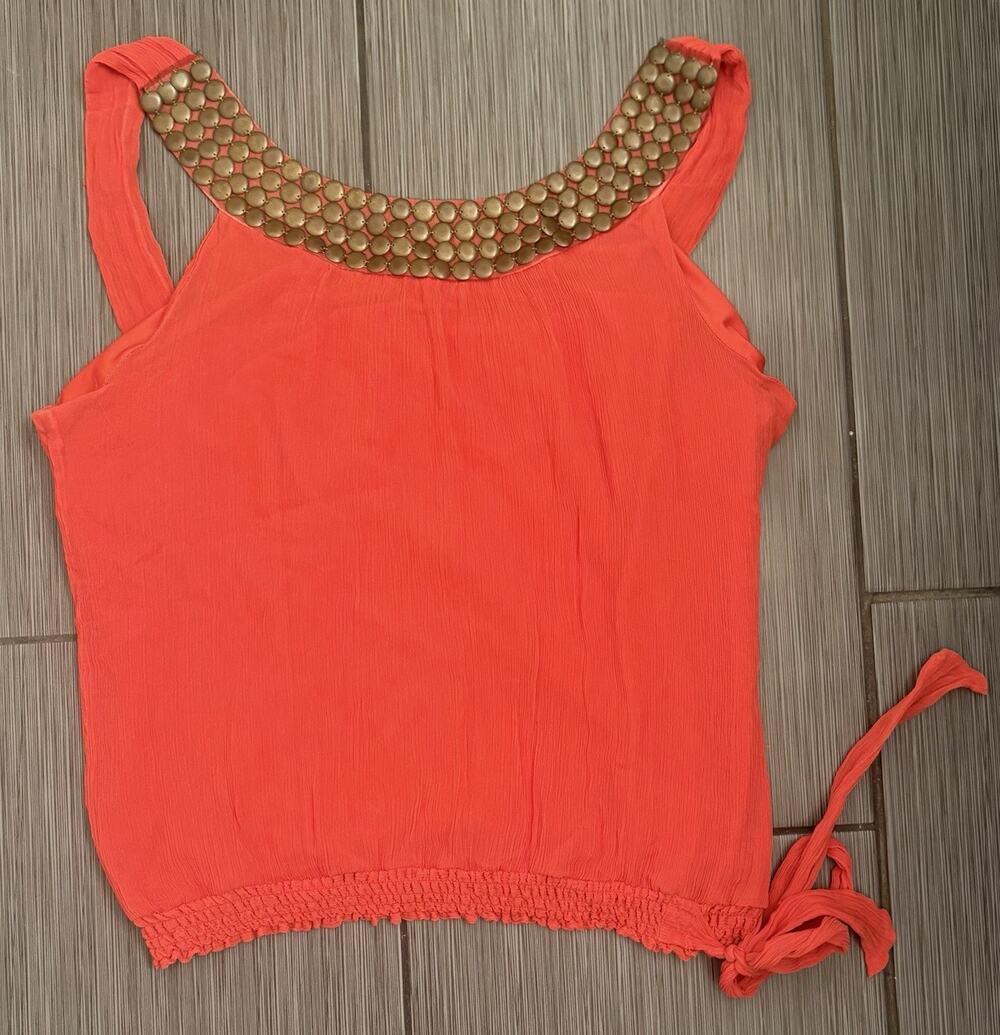 Vintage Cache Coral-Orange Sleeveless Tank Top Size XL Silk Beaded Neckline Y2K